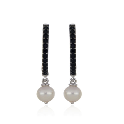 925 Sterling Silver White Pearl Drop Hoop Earrings with Black Spinel
