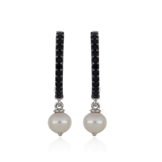 925 Sterling Silver White Pearl Drop Hoop Earrings with Black Spinel
