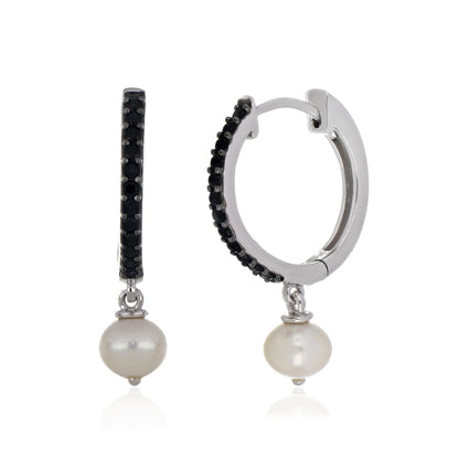 925 Sterling Silver White Pearl Drop Hoop Earrings with Black Spinel