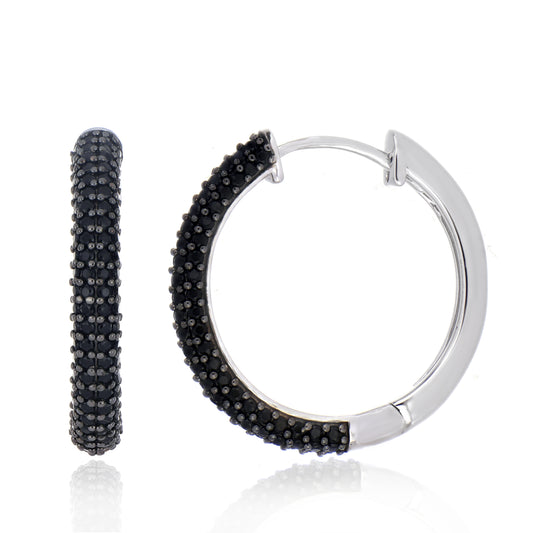 925 Sterling Silver Black Spinel Hoop Earrings