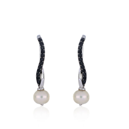 925 Sterling Silver White Pearl & Black Spinel Twist Hook Earring