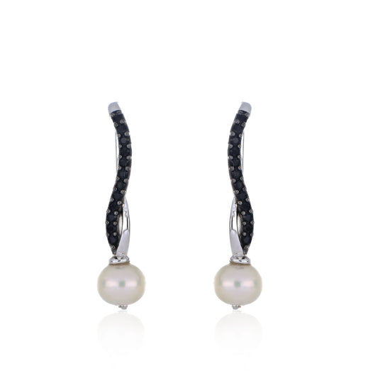 925 Sterling Silver White Pearl & Black Spinel Twist Hook Earring
