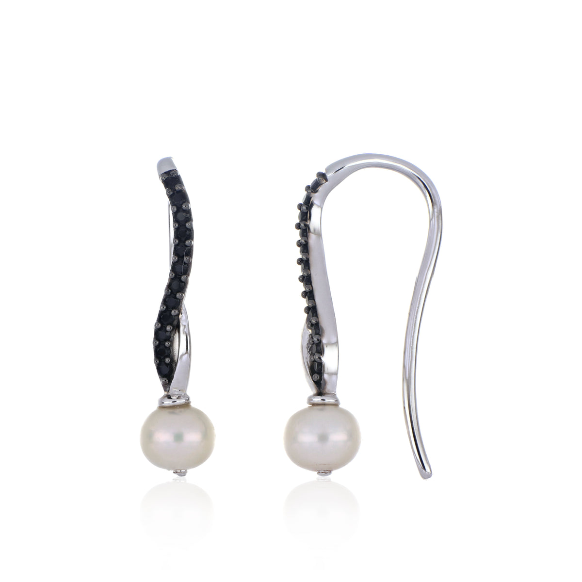 925 Sterling Silver White Pearl & Black Spinel Twist Hook Earring