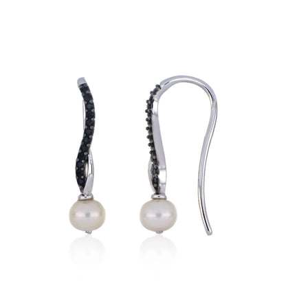 925 Sterling Silver White Pearl & Black Spinel Twist Hook Earring