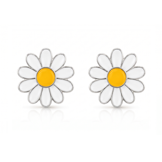 Daisy Flower Kids Earrings – White & Yellow Enamel Flower Stud Earrings