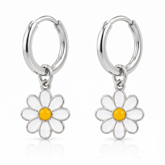 Daisy Flower Kids Hoop Earrings – White & Yellow Enamel Floral Drop Earrings