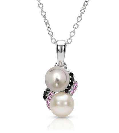 Dual Pearl & Gemstone Swirl Pendant with Chain