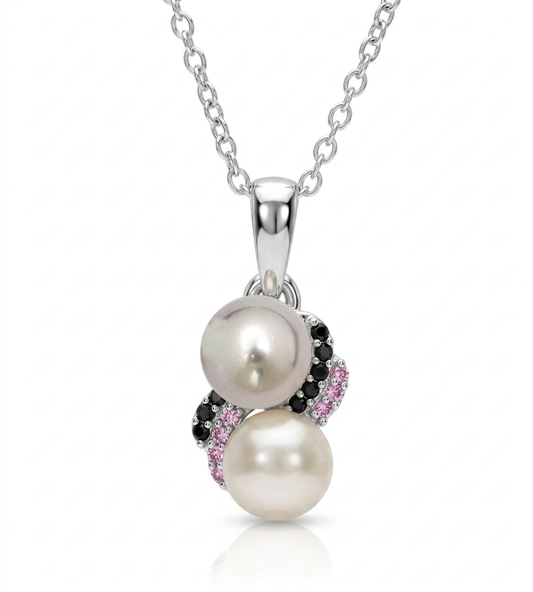 Dual Pearl & Gemstone Swirl Pendant with Chain