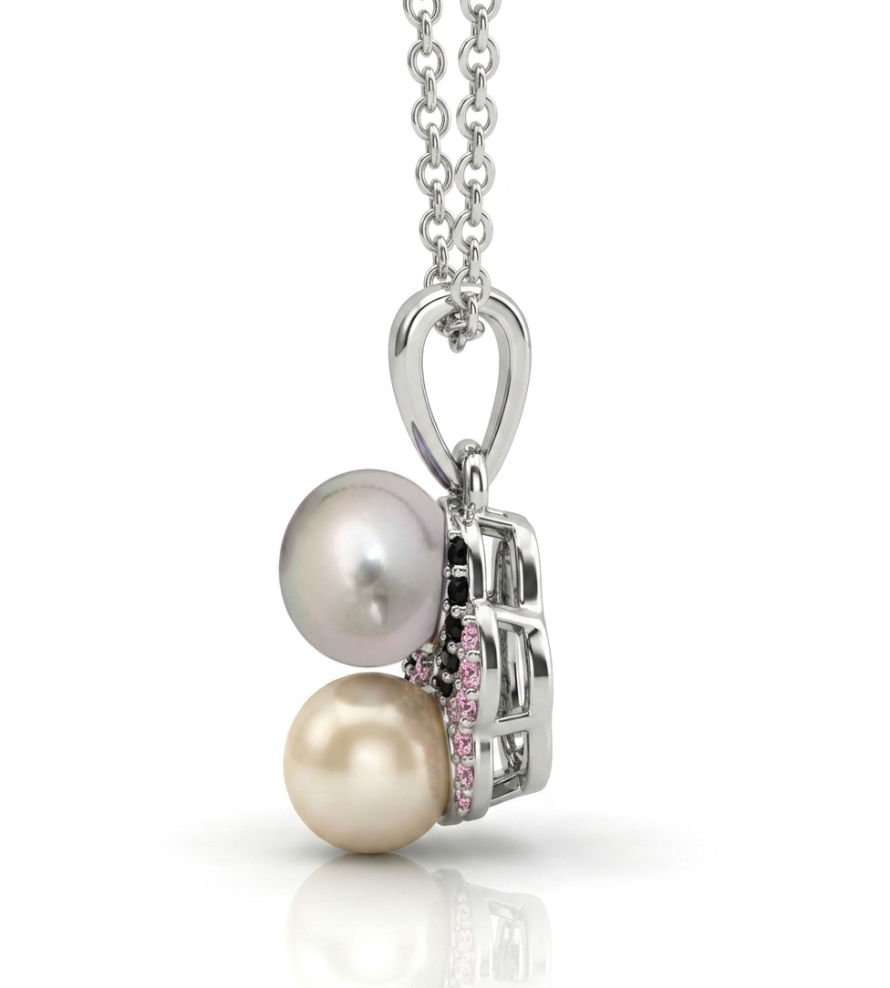 Dual Pearl & Gemstone Swirl Pendant with Chain