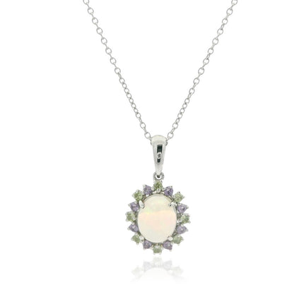 925 Sterling Silver Opal, Green & Purple Gemstone Halo Pendant