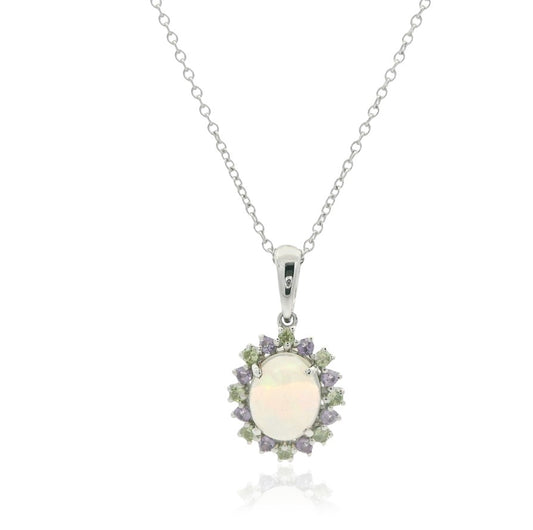 925 Sterling Silver Opal, Green & Purple Gemstone Halo Pendant