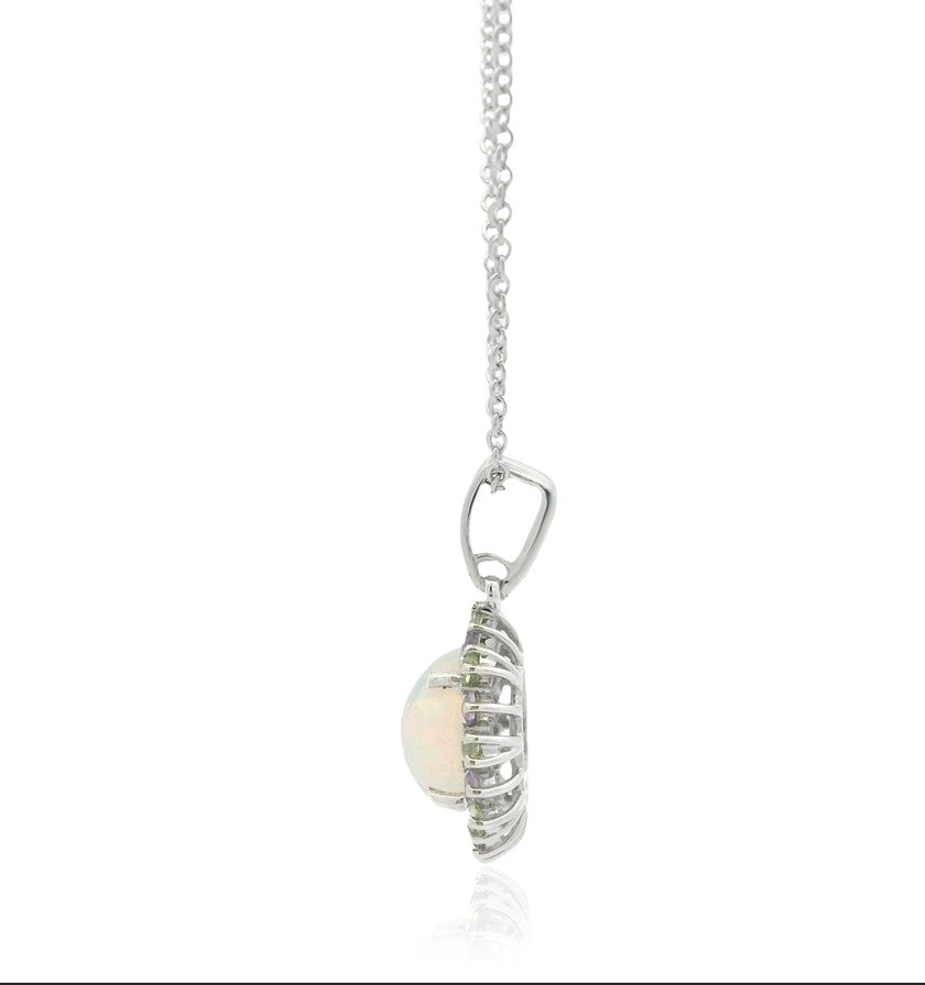 925 Sterling Silver Opal, Green & Purple Gemstone Halo Pendant