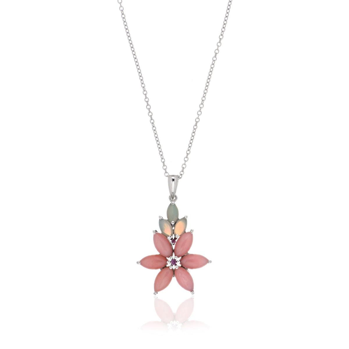 925 Sterling Silver Ethiopian Opal and Pink Opal Floral Cluster Pendant