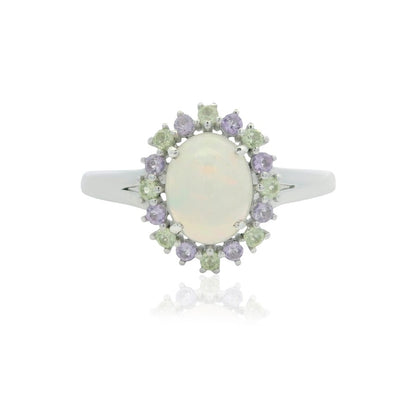 925 Sterling Silver Opal, Yellow & Purple Gemstone Halo Ring