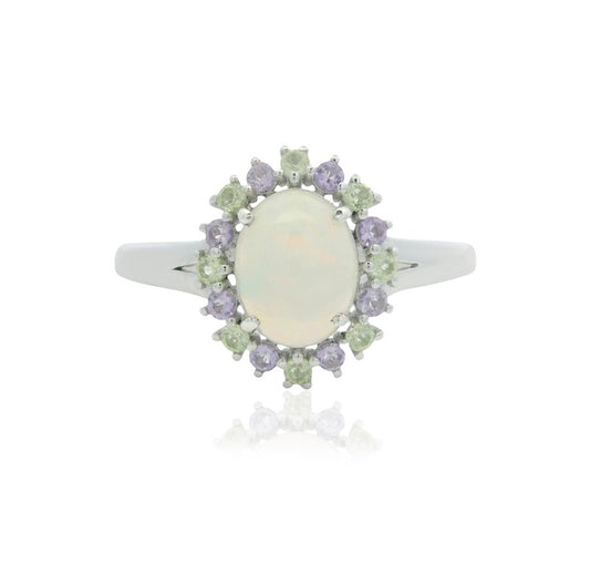 925 Sterling Silver Opal, Yellow & Purple Gemstone Halo Ring