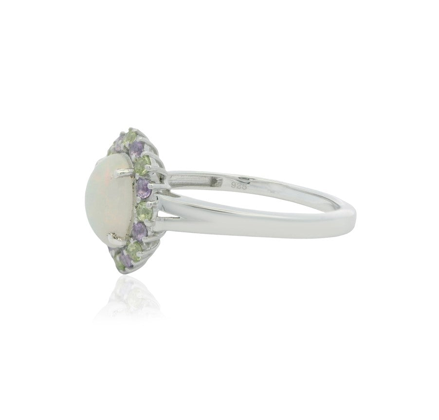 925 Sterling Silver Opal, Yellow & Purple Gemstone Halo Ring