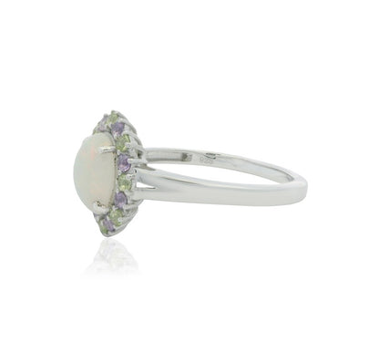 925 Sterling Silver Opal, Yellow & Purple Gemstone Halo Ring