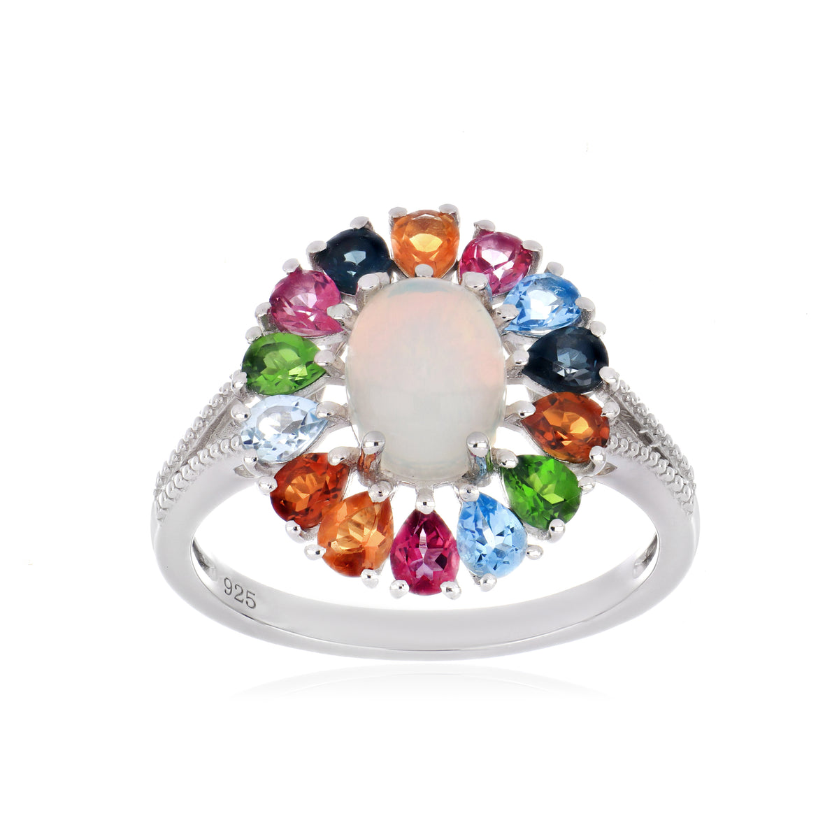 925 Sterling Silver Multi-Gemstone Halo Cluster Ring