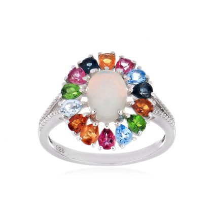 925 Sterling Silver Multi-Gemstone Halo Cluster Ring