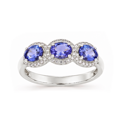 925 Sterling Silver Tanzanite and White Zircon Halo Three-Stone Ring